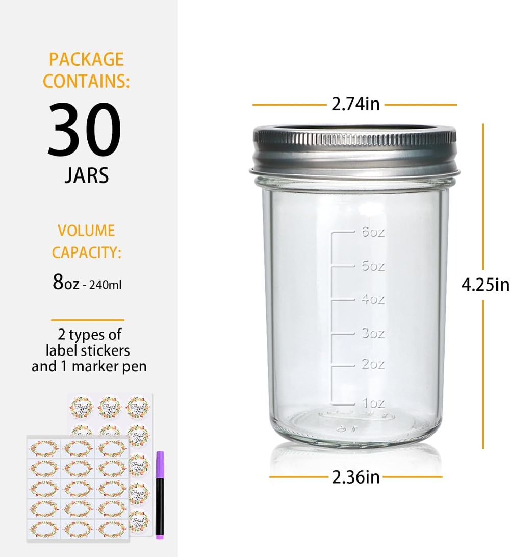 30 Pack 8 oz Mason Jars with L - Mason Jar 8Oz ulasan dan harga
