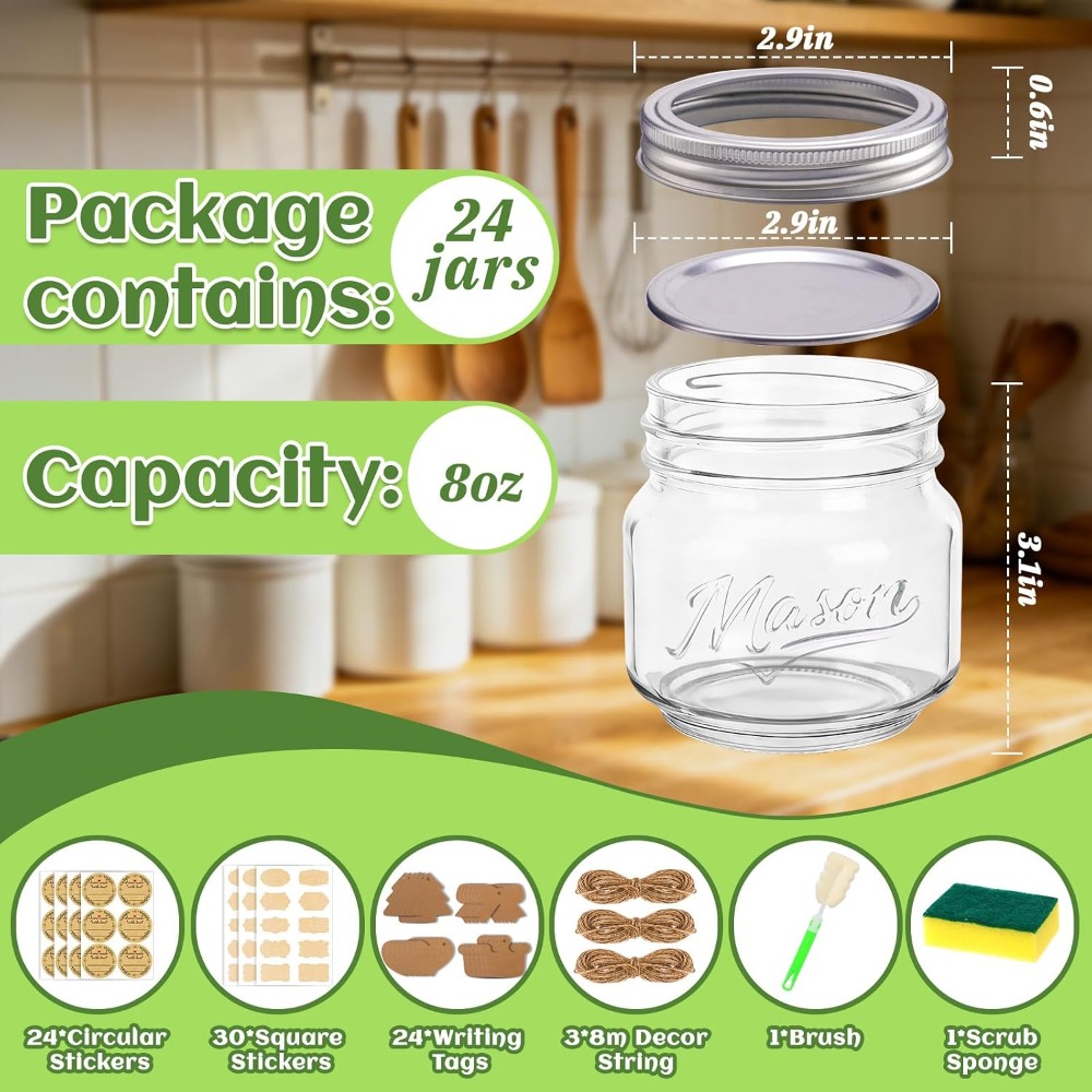 8 oz Mason Jars with Lids, 24  - Mason Jar 8Oz ulasan dan harga